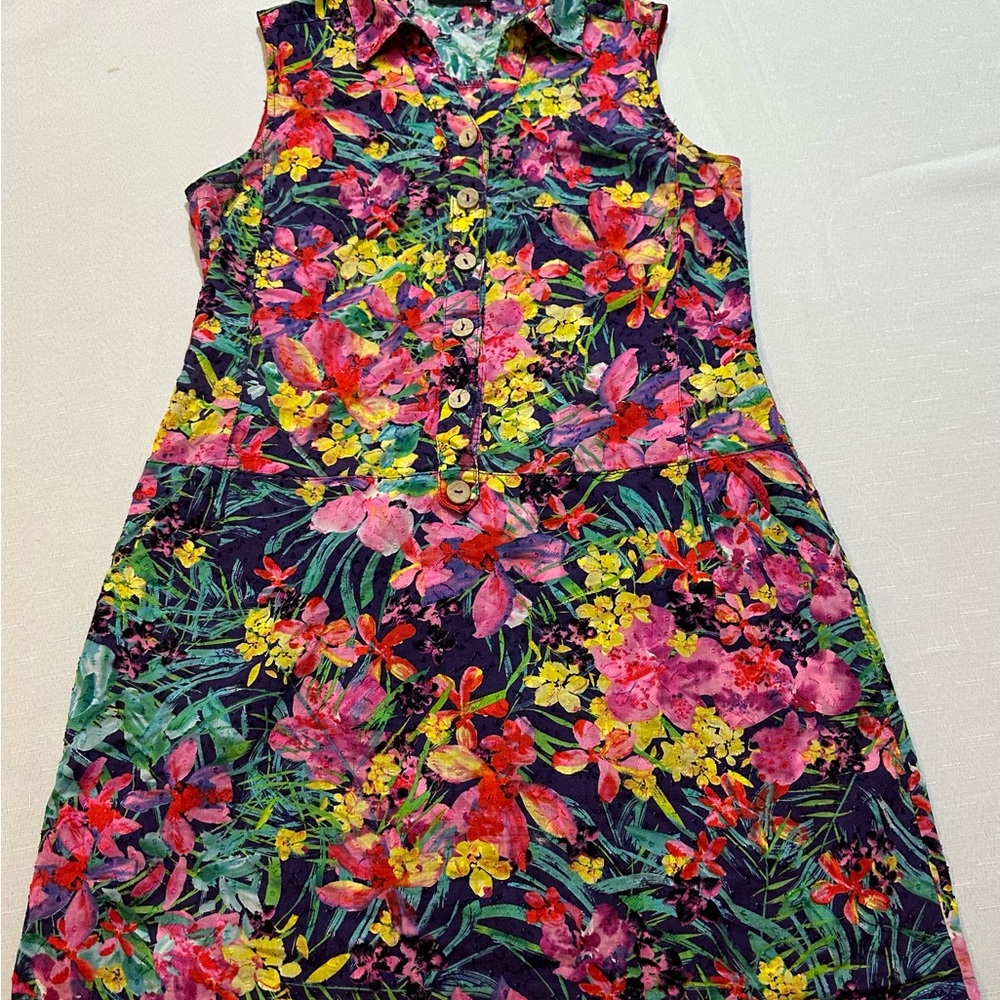 Pilar Prieto Floral Sleeveless Shirt Dress Tunic w/ Pockets Size 42 US M Cotton